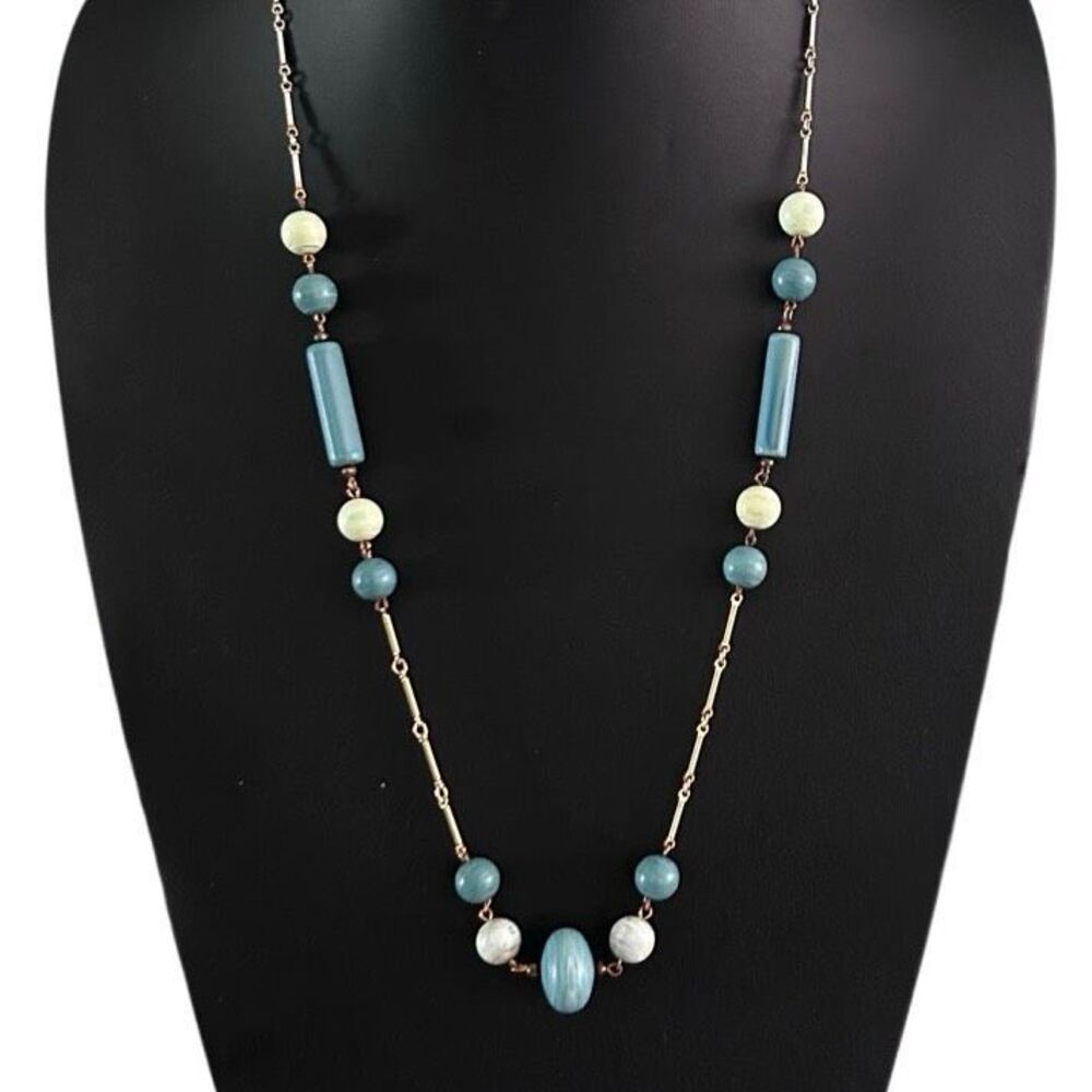 Vintage Station Necklace Women's 26" Blue & Cream Art Deco Beads Bar Chain